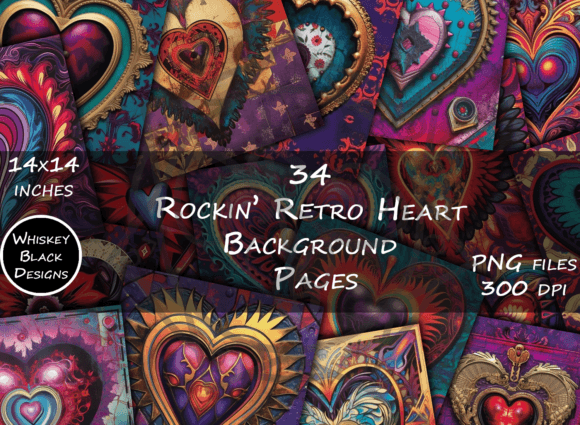 Bright Rockin' Retro Heart Backgrounds for Designers